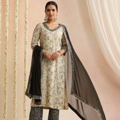 Cream & Black Ethnic Motif Kurta Set