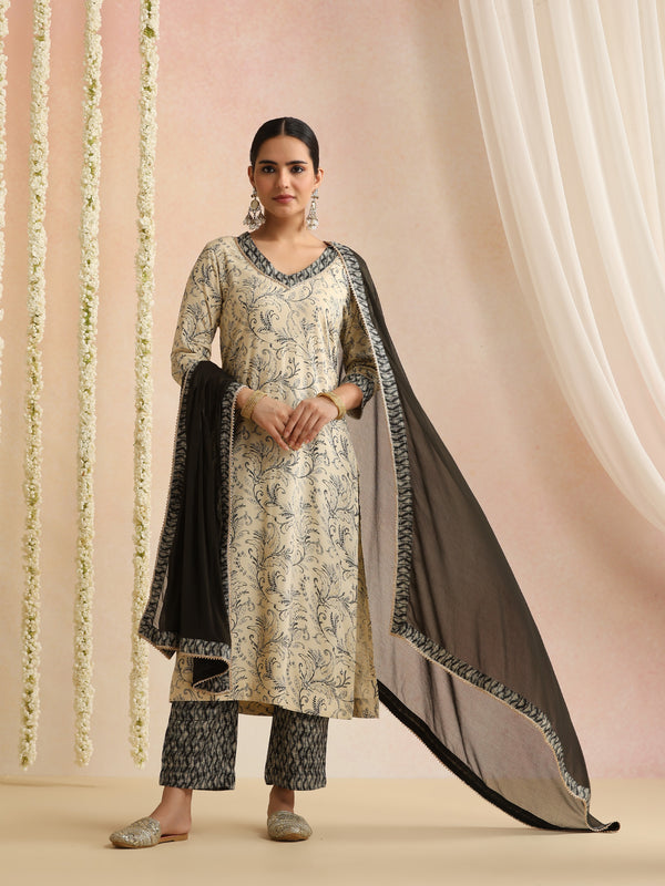 Cream & Black Ethnic Motif Kurta Set