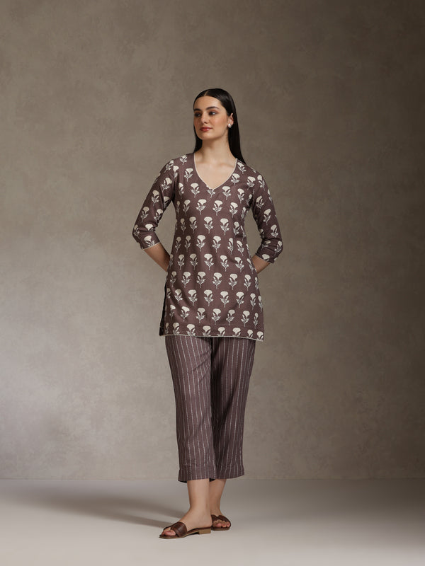 Floral Printed V-Neck Cotton Cord Set