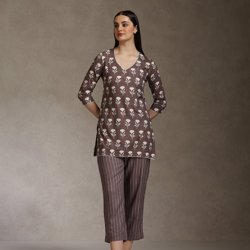 Floral Printed V-Neck Cotton Co-Ord Set - Brown - Khushal K - Image 1
