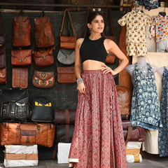 Khushal K Women's Maroon Printed Cotton Flared Maxi Skirt