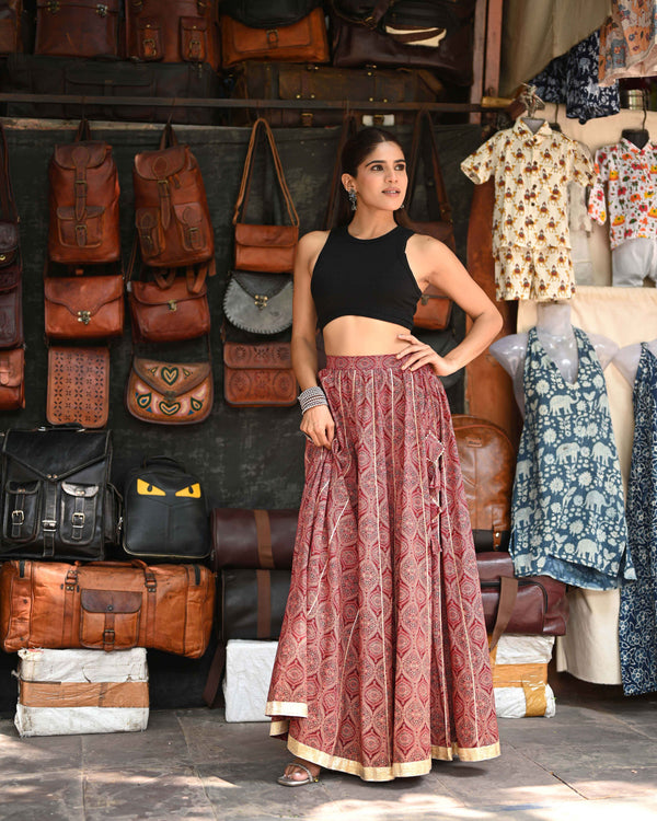 Khushal K Women's Maroon Printed Cotton Flared Maxi Skirt