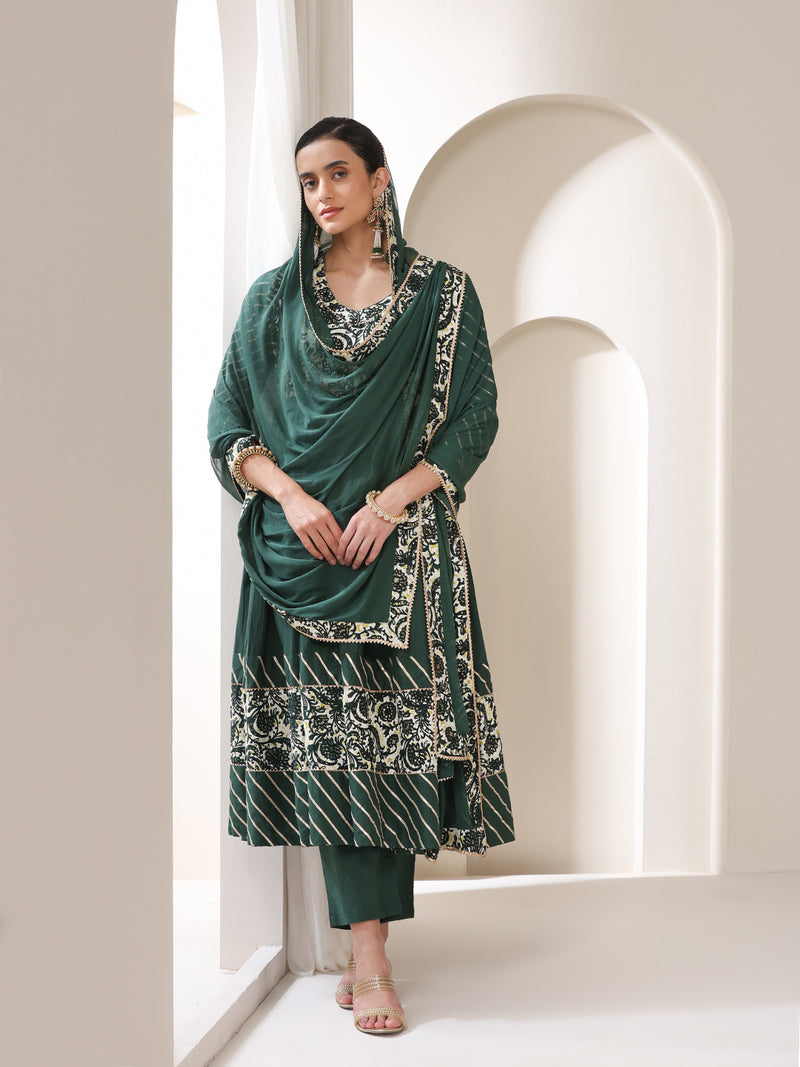 Floral Yoke Design V-Neck Pleated Anarkali Kurta With Palazzos & Dupatta