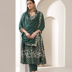 Floral Yoke Design V-Neck Pleated Anarkali Kurta With Palazzos & Dupatta
