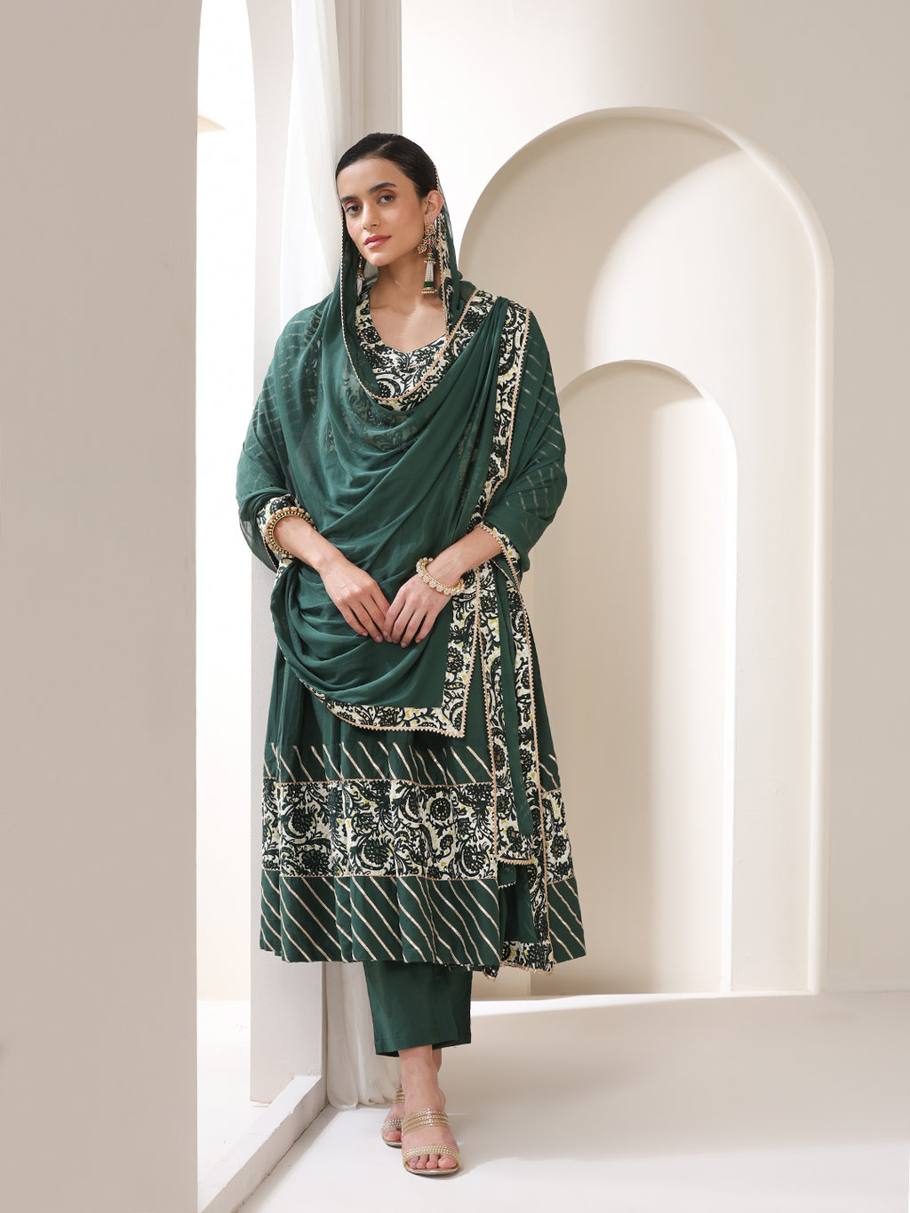 Floral Yoke Design V-Neck Pleated Anarkali Kurta With Palazzos & Dupatta