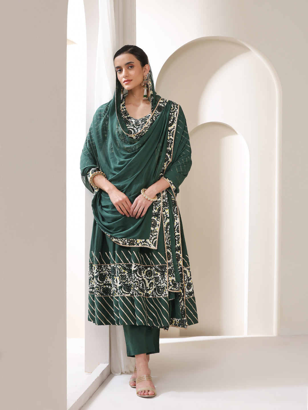 Floral Yoke Design V-Neck Pleated Anarkali Kurta With Palazzos & Dupatta