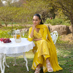 Khushal K Women Printed Regular Pure Cotton yellow Kurta & Palazzo With Dupatta