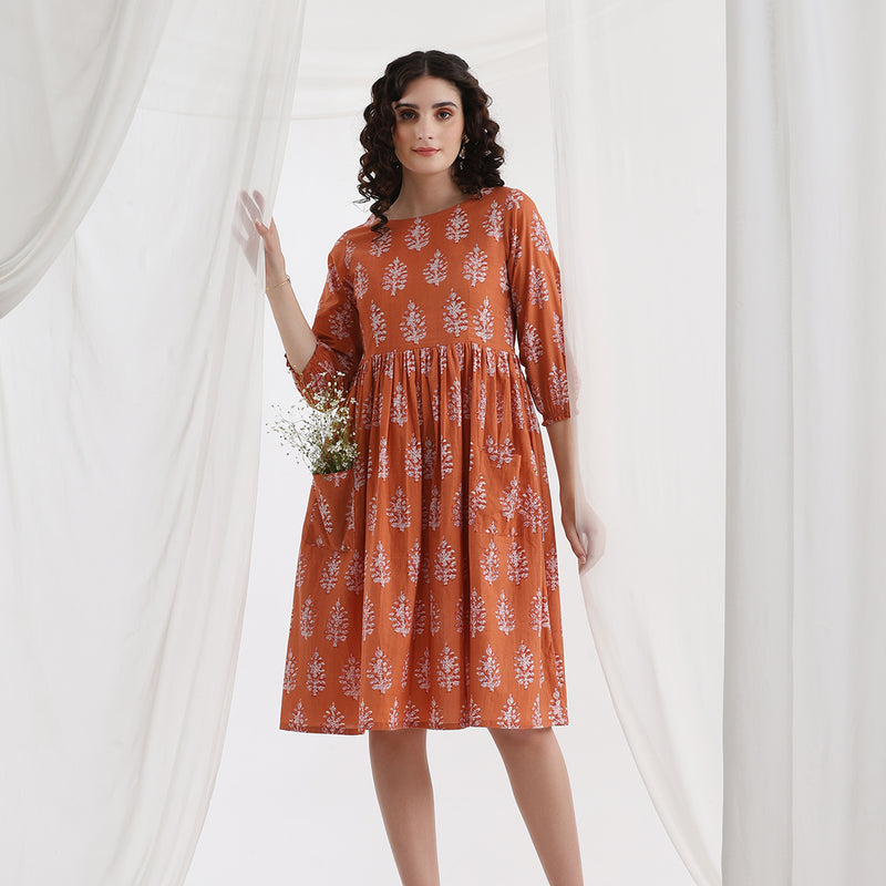 Women Floral Print Knee Lengh A-Line Dress - Pink - Khushal K - Image 1