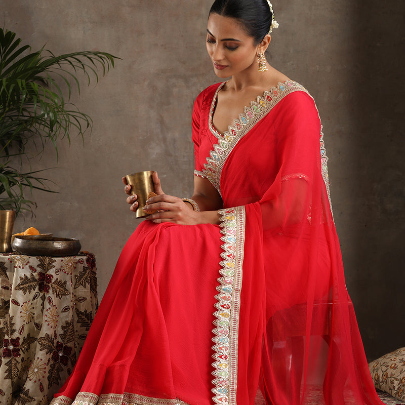 Red Poly Chiffon Fashion Saree - Khushal K - Image 1