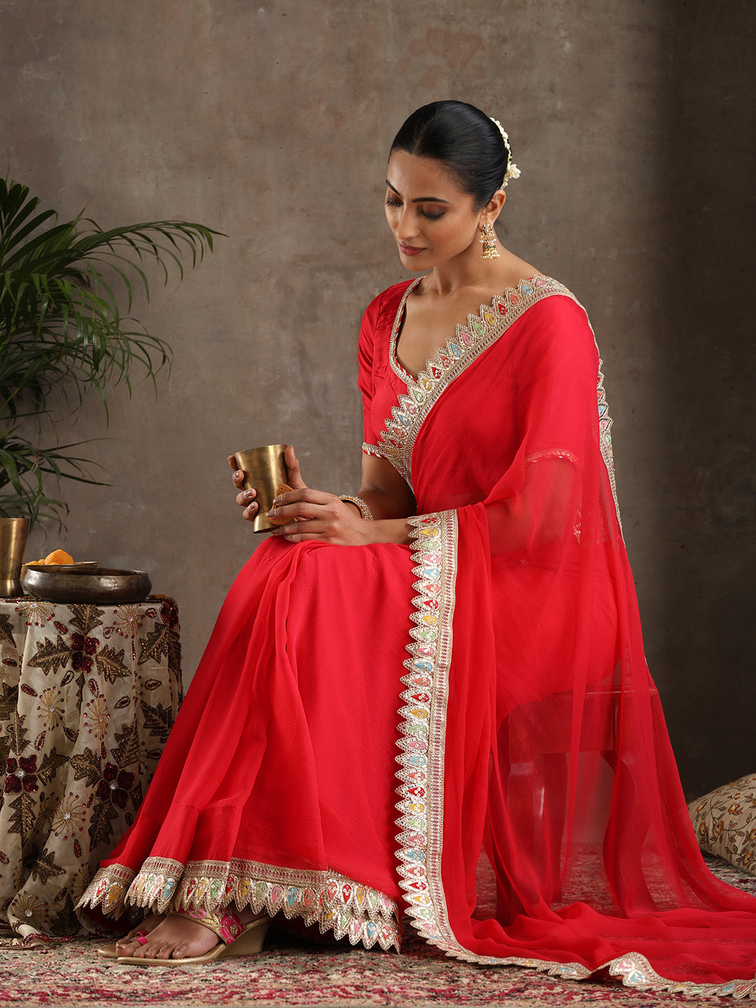 Red Poly Chiffon Fashion Saree