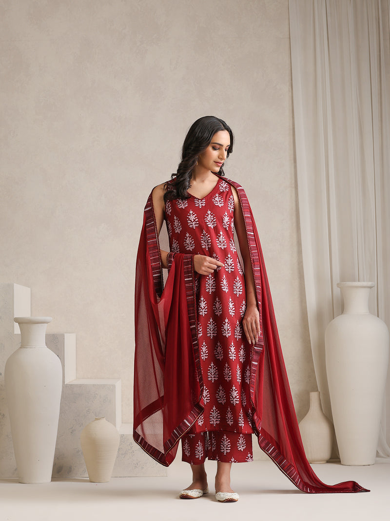 Khushal K Floral Printed V-Neck Pure Cotton Kurta set