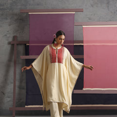 Khushal K Women Embroidered mirror work Cream Kaftan set