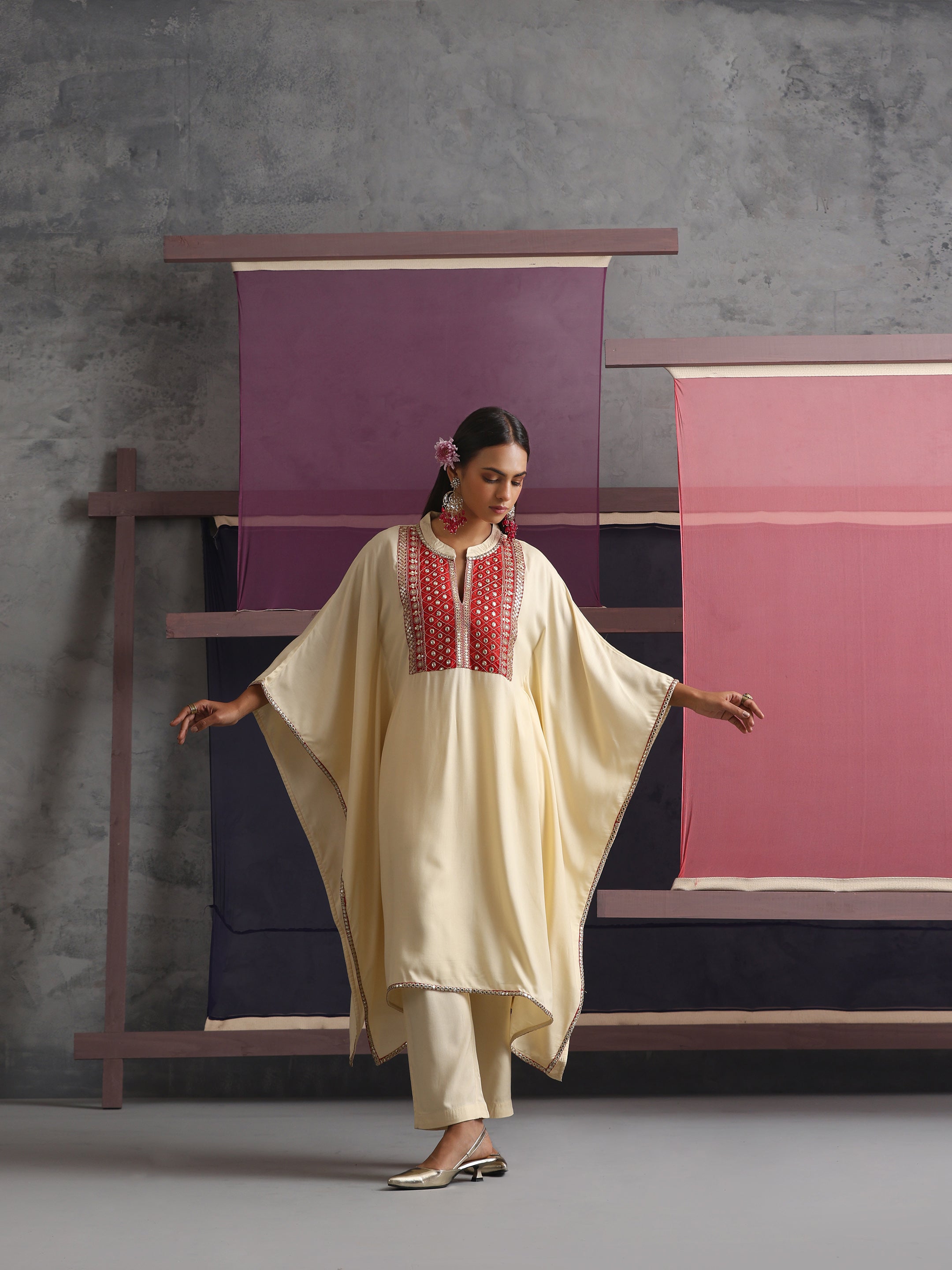 Khushal K Women Embroidered mirror work Cream Kaftan set