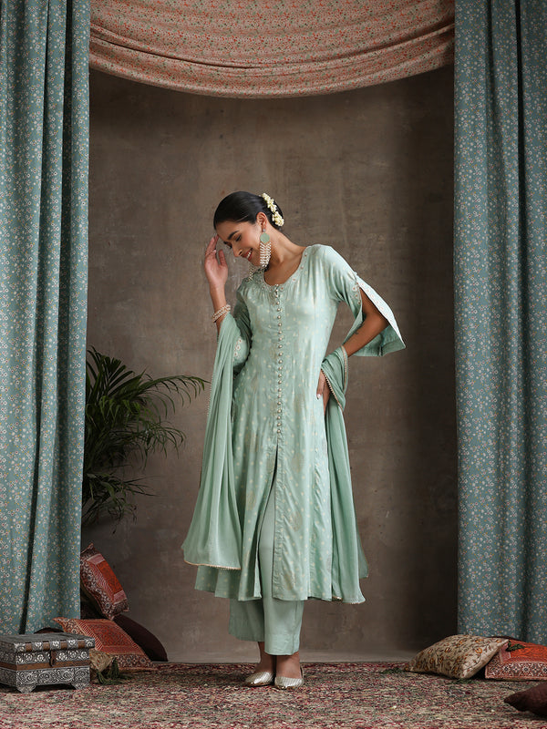 Ethnic Motifs Printed Panelled A-Line Pure Cotton Kurta with Palazzos & Dupatta