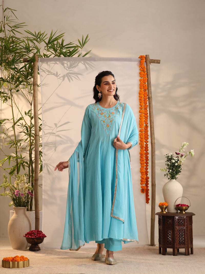 Khushal K Women Cotton Kurta and Palazzo With Dupatta Set - Turquoise Blue