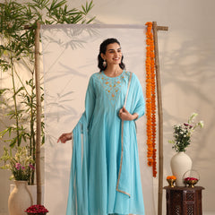 Khushal K Women Cotton Kurta and Palazzo With Dupatta Set - Turquoise Blue