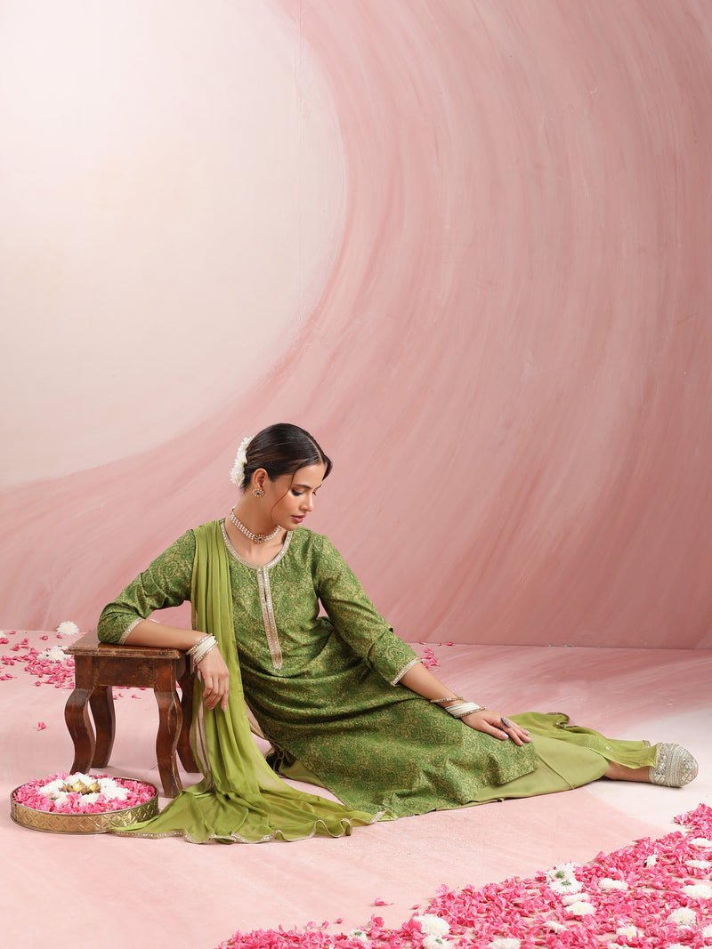 Ethnic Motifs Printed Round Neck Thread Work Kurta With Palazzos & Dupatta