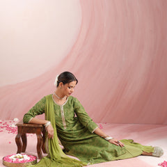Ethnic Motifs Printed Round Neck Thread Work Kurta With Palazzos & Dupatta