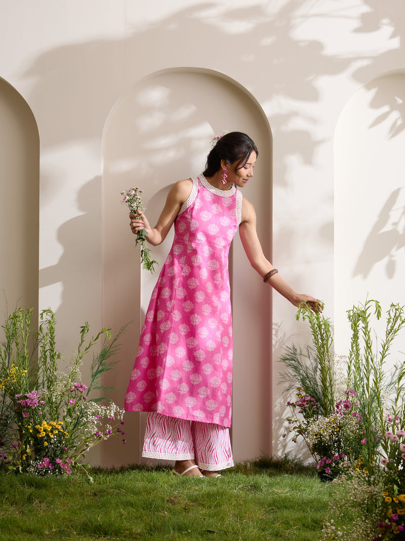 Khushal K Women Cotton Kurta With Palazzo Set - Pink