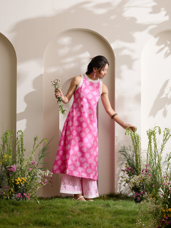 Khushal K Women Cotton Kurta With Palazzo Set - Pink