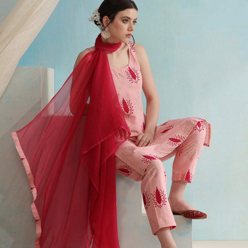 Floral Printed Pure Cotton Straight Kurta with Trousers & Dupatta - Pink - Khushal K - Image 1