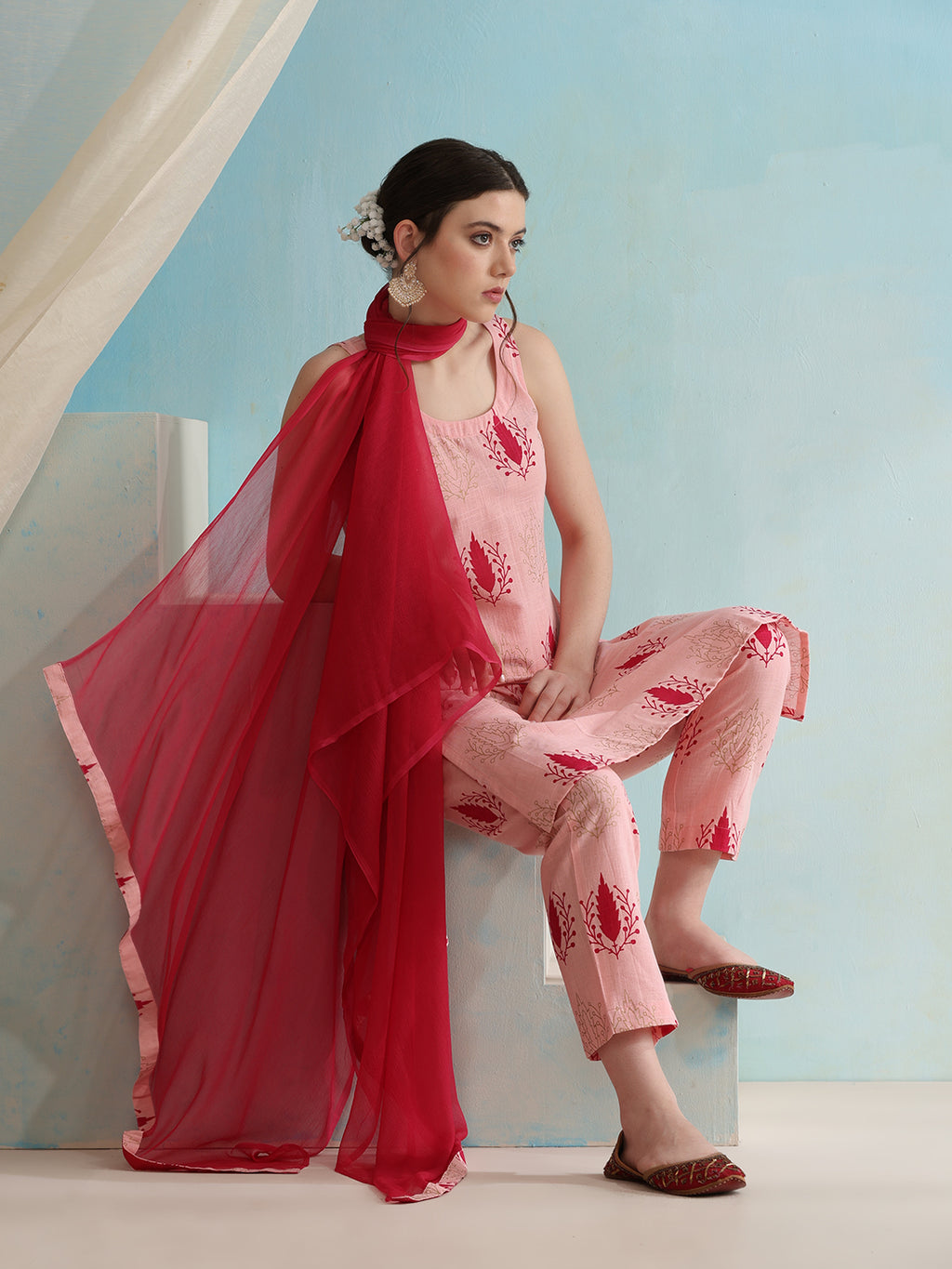 Floral Printed Pure Cotton Straight Kurta with Trousers & Dupatta