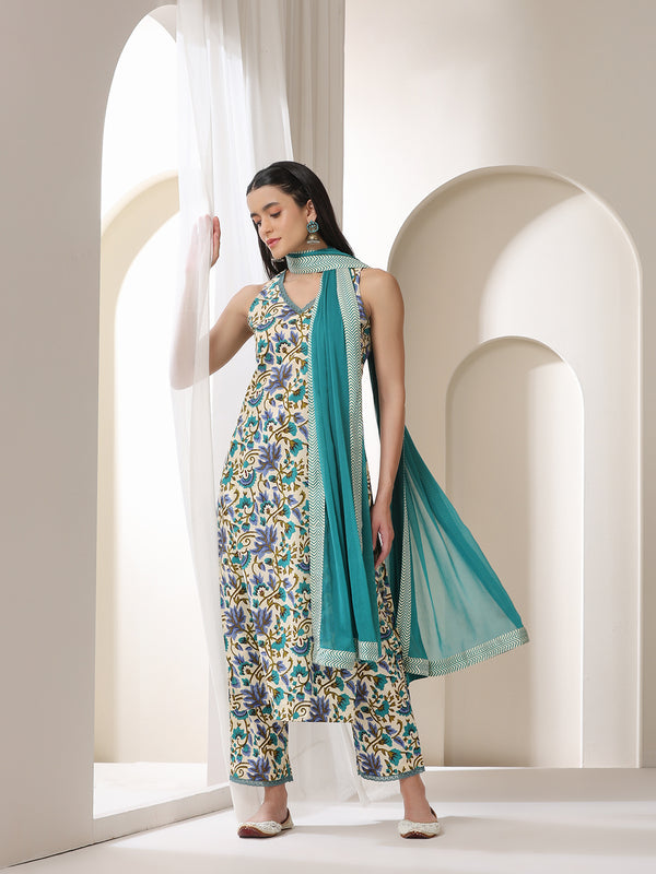 Khushal K Women Floral Printed Cotton Kurta with Trousers & Dupatta