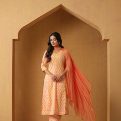 Geometric Printed Pure Cotton Straight Kurta With Palazzo And Dupatta