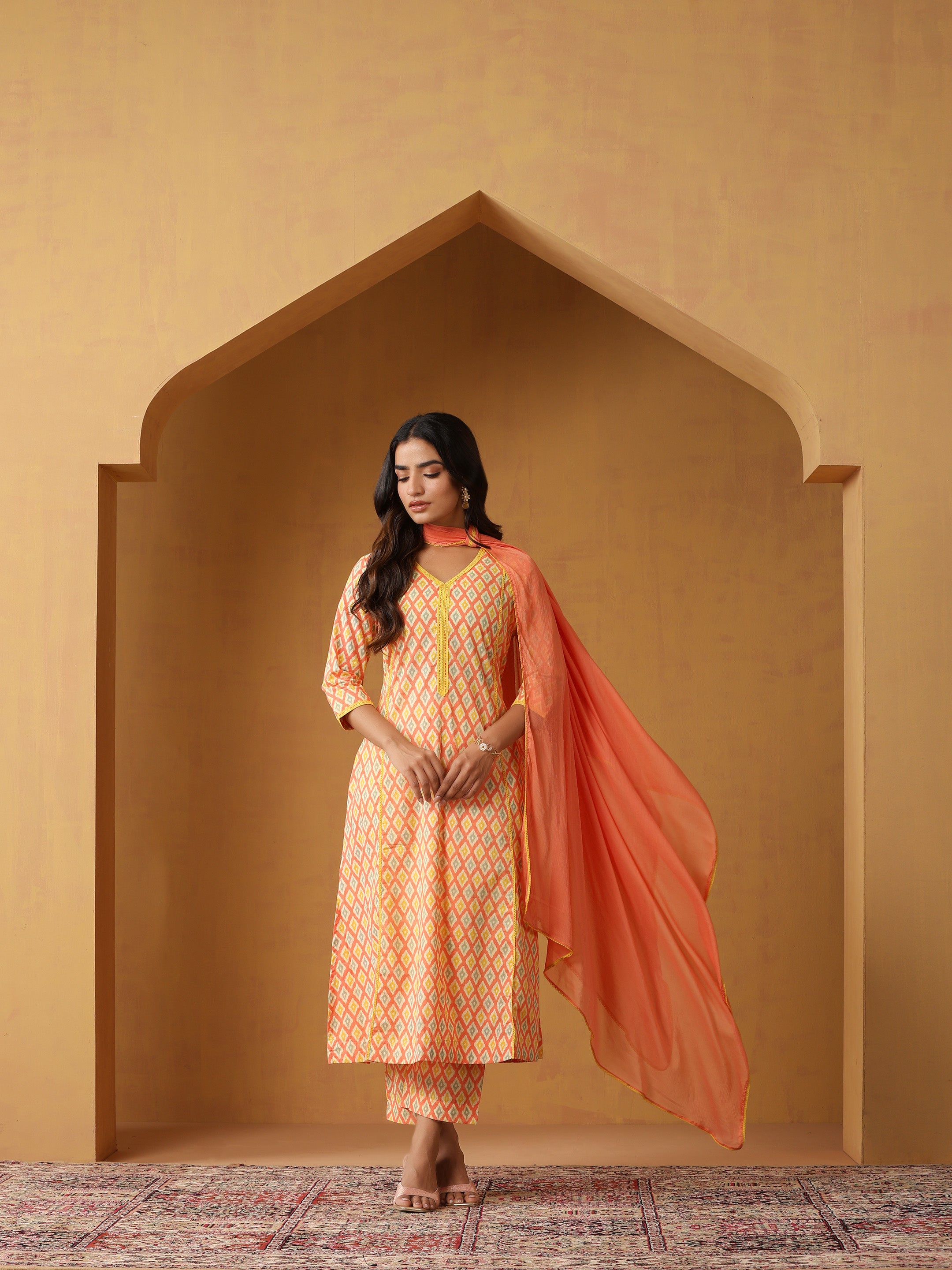 Geometric Printed Pure Cotton Straight Kurta With Palazzo And Dupatta