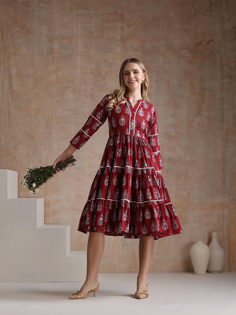Women Floral Printed Mandarin Collar A-Line Tiered Midi Dress