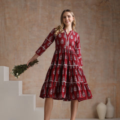 Women Floral Printed Mandarin Collar A-Line Tiered Midi Dress