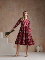 Women Floral Printed Mandarin Collar A-Line Tiered Midi Dress