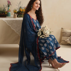 Khushal K Women Floral Printed Regular Pure Cotton Blue Kurta & Palazzo With Dupatta