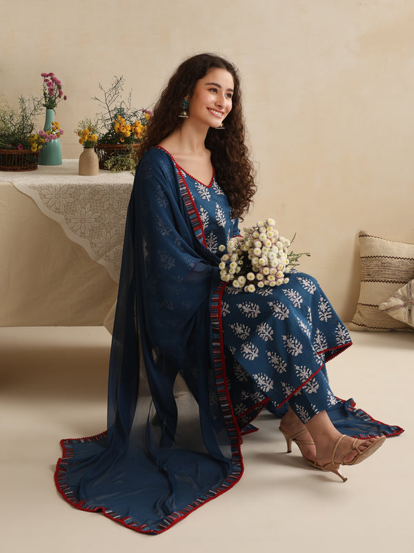 Khushal K Women Floral Printed Regular Pure Cotton Blue Kurta & Palazzo With Dupatta