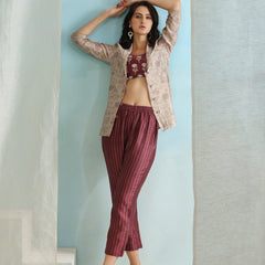 Printed Crop Top & Striped Pant Set with Jacket