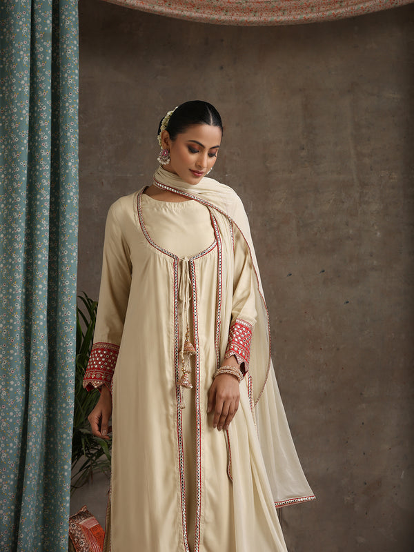 Geometric Embroidered Mirror Work A-Line Kurta With Sharara & Dupatta