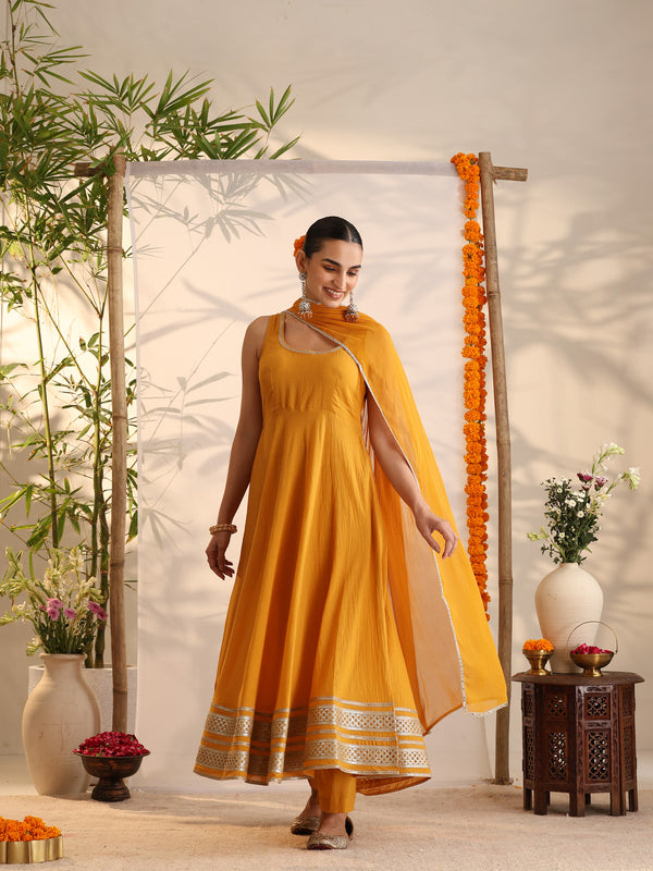 Khushal K Women Cotton Kurta and Palazzo With Dupatta Set - Mustard