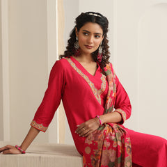 Khushal K Women Pure Silk pink Embroidered Kurta & Palazzo With Dupatta