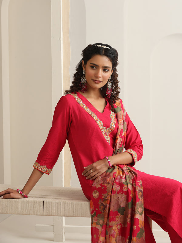 Khushal K Women Pure Silk pink Embroidered Kurta & Palazzo With Dupatta