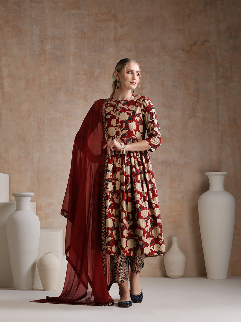 Women Floral Printed Regular Pure Cotton Kurta with Palazzos & With Dupatta