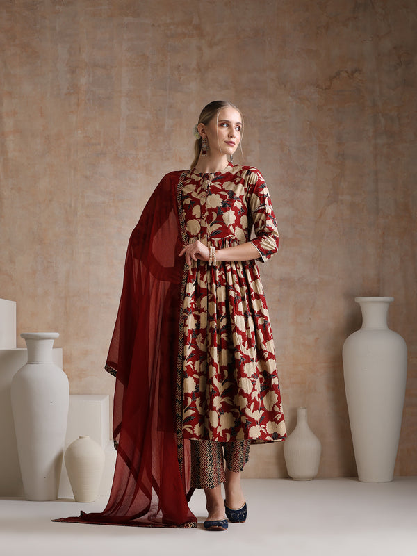 Women Floral Printed Regular Pure Cotton Kurta with Palazzos & With Dupatta