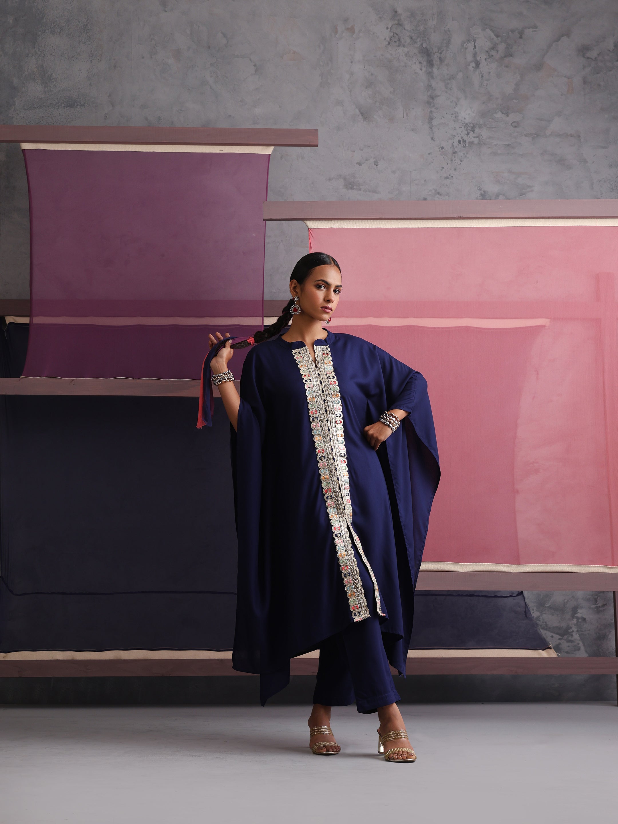 Khushal K Women Mandarin collar Blue Kaftan set