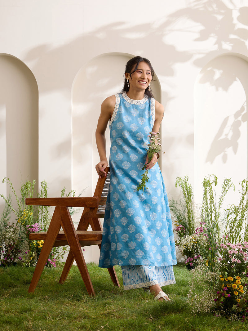 Khushal K Women Cotton Kurta With Palazzo Set - Blue