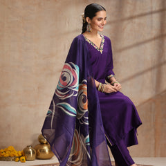 Khushal K Women Pure Silk purple Embroidered Kurta & Palazzo With Dupatta