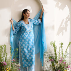 Khushal K Women Cotton Kurta And Palazzo With Dupatta Set - Blue