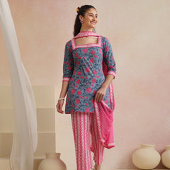 Khushal K Women Cotton Kurta Palazzo Dupatta Set - Blue