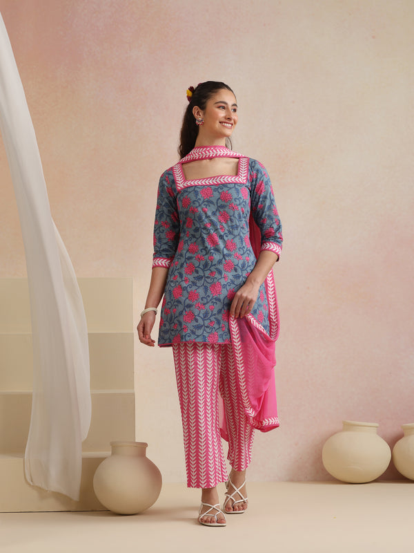 Khushal K Women Cotton Kurta Palazzo Dupatta Set - Blue