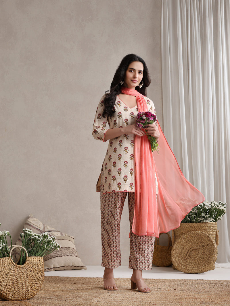 Khushal K Floral Printed V-Neck Pure Cotton Kurta set