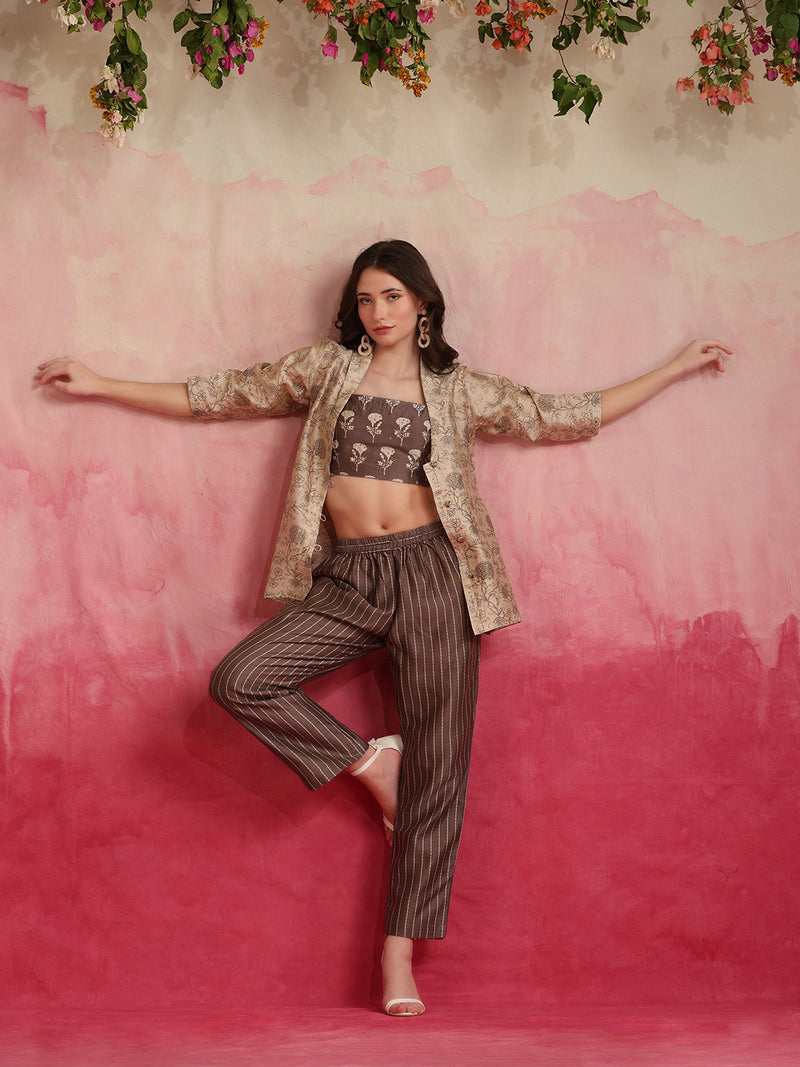 Printed Crop Top & Striped Pant Set with Jacket