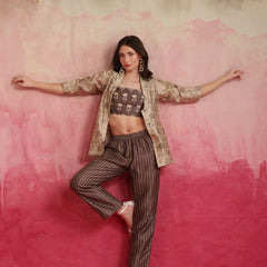 Printed Crop Top & Striped Pant Set with Jacket